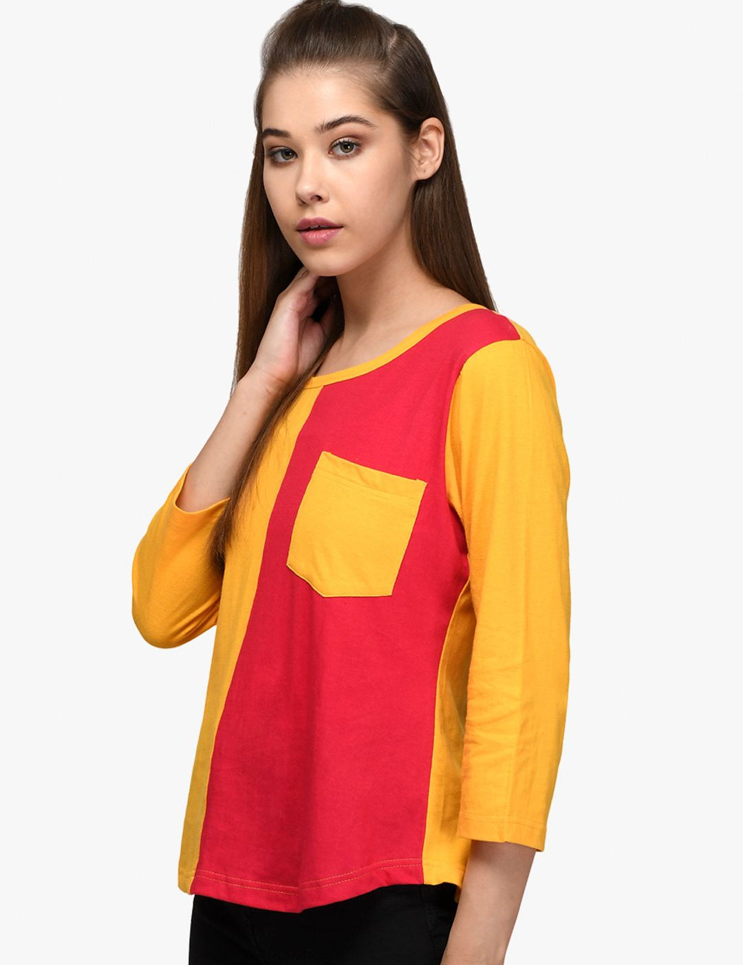 Kotty Women Red & Yellow Colourblocked Round Neck T-shirt