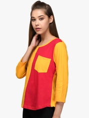 Kotty Women Red & Yellow Colourblocked Round Neck T-shirt