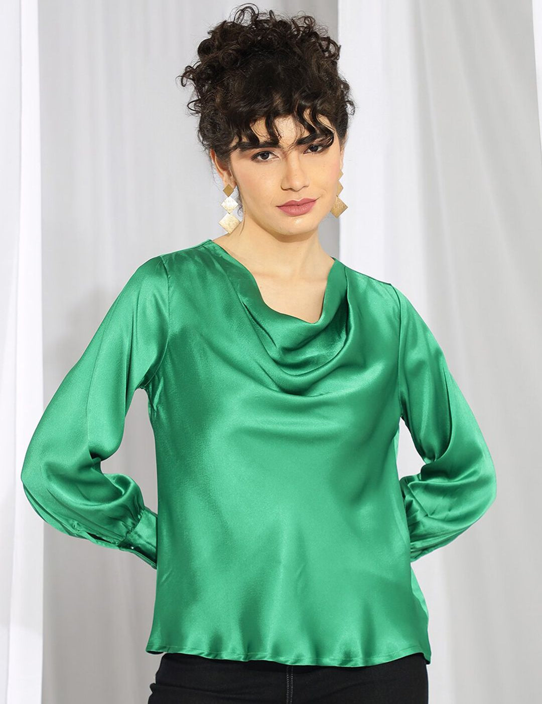 Kotty Green Cowl Neck Bishop Sleeves Satin Top