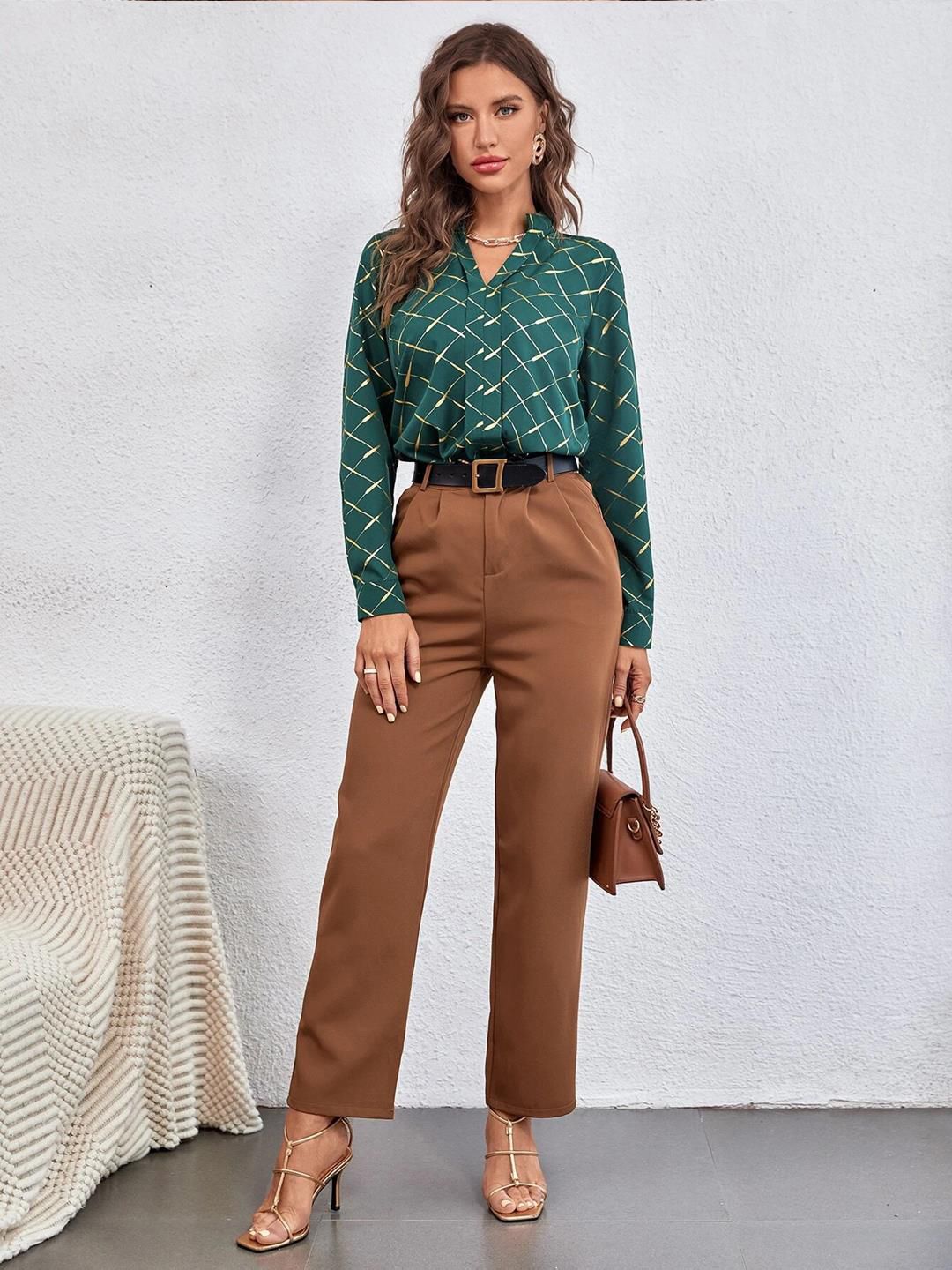 Kotty Geometric Printed Mandarin Collar Satin Shirt Style Top