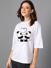 Kotty White Graphic Printed Round Neck Oversized T-shirt