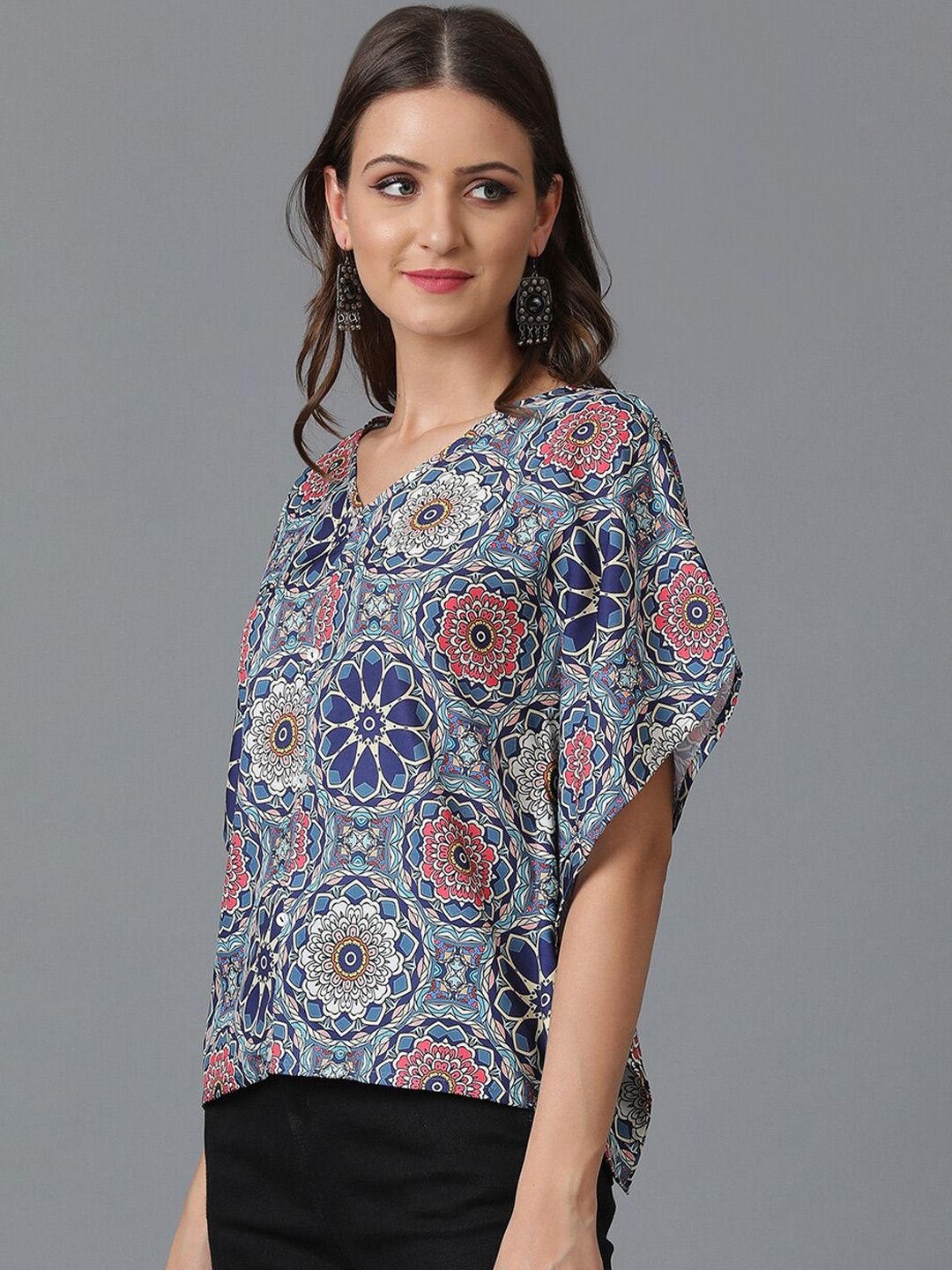 Kotty Blue Floral Printed V-Neck Flared Sleeves Top