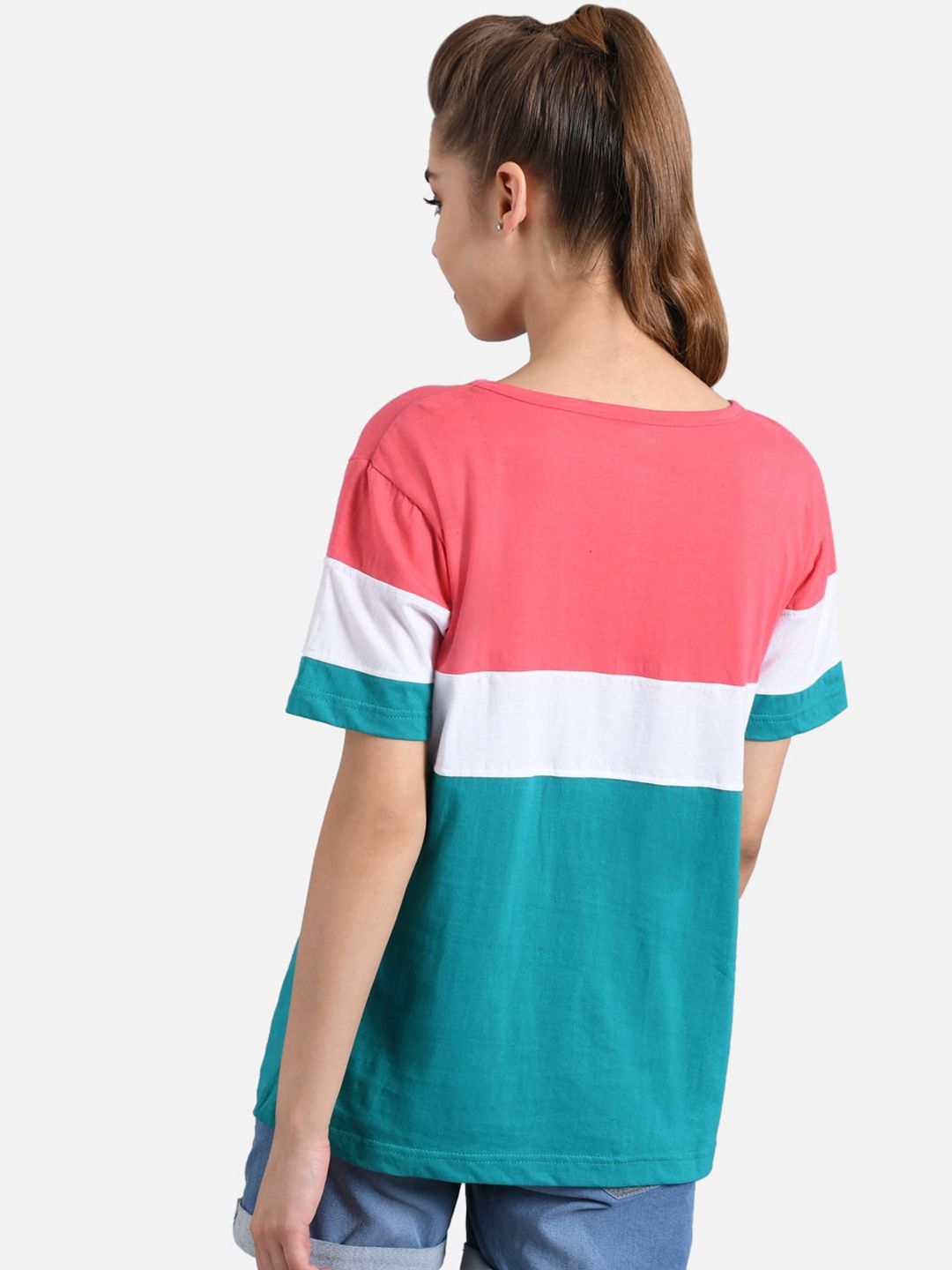 Kotty Women Teal Green & Peach-Coloured Colourblocked Round Neck T-shirt