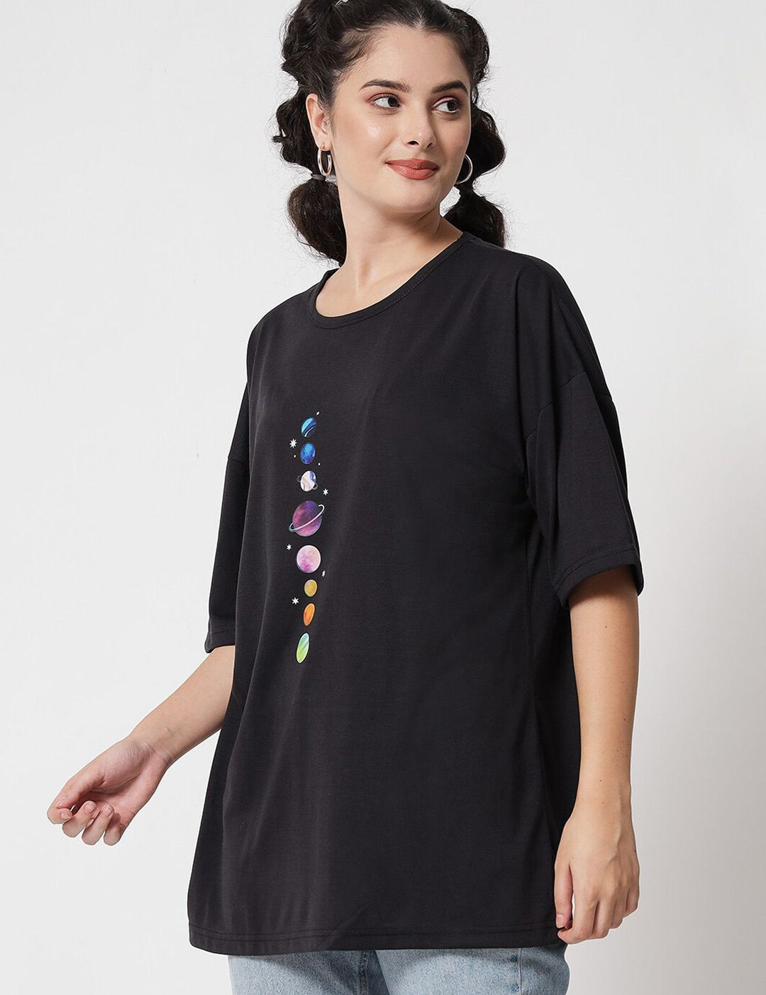 Kotty Women Black Typography Printed Applique Oversized T-shirt