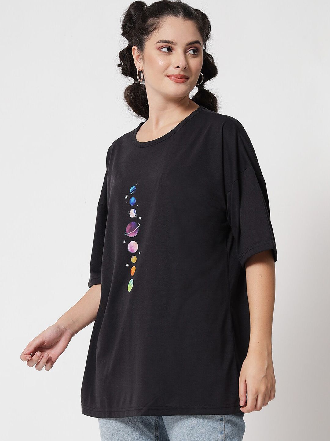 Kotty Women Black Typography Printed Applique Oversized T-shirt