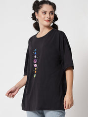 Kotty Women Black Typography Printed Applique Oversized T-shirt