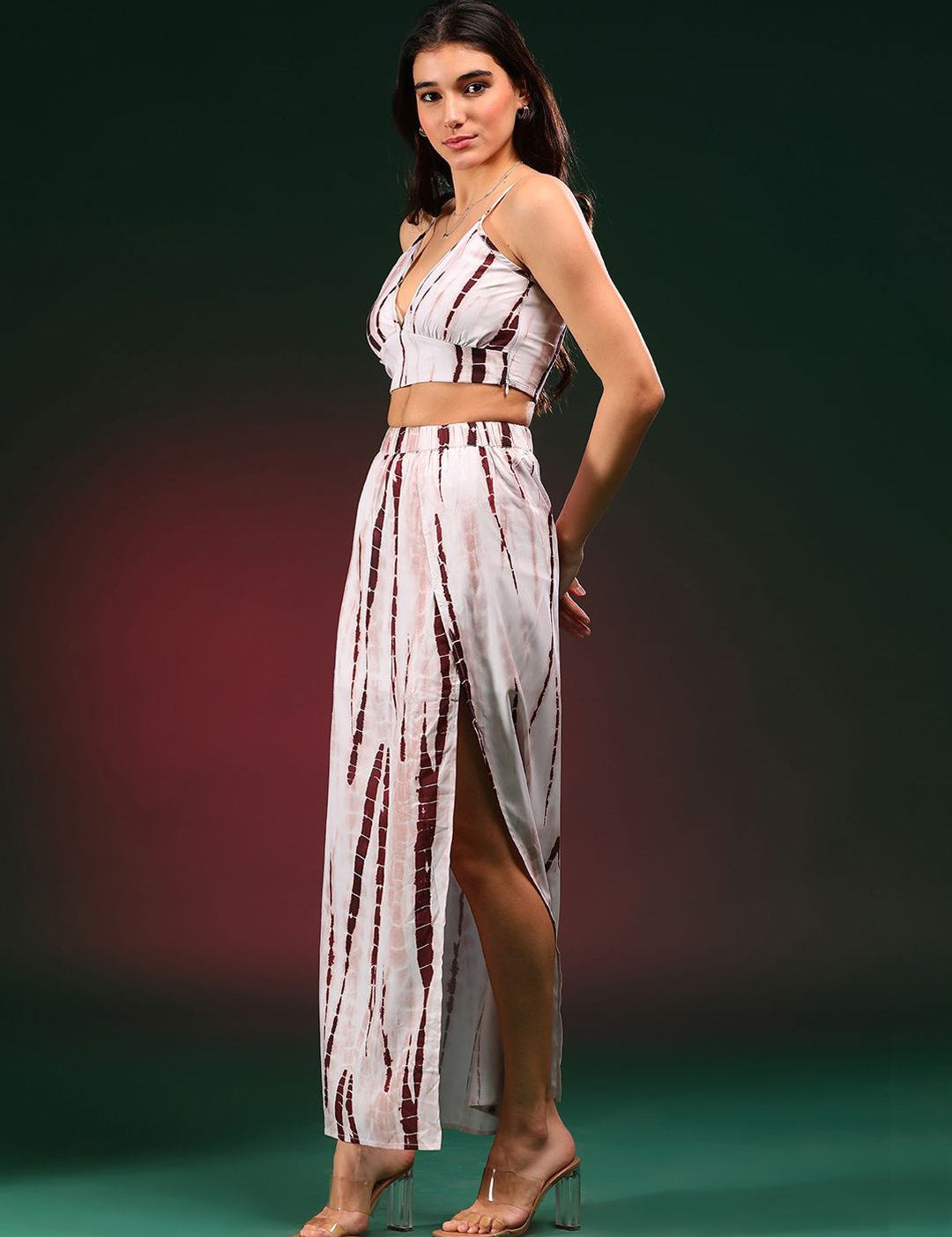 Kotty Beige Tie & Dye Shoulder Straps Top With Skirt