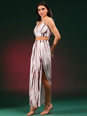 Kotty Beige Tie & Dye Shoulder Straps Top With Skirt