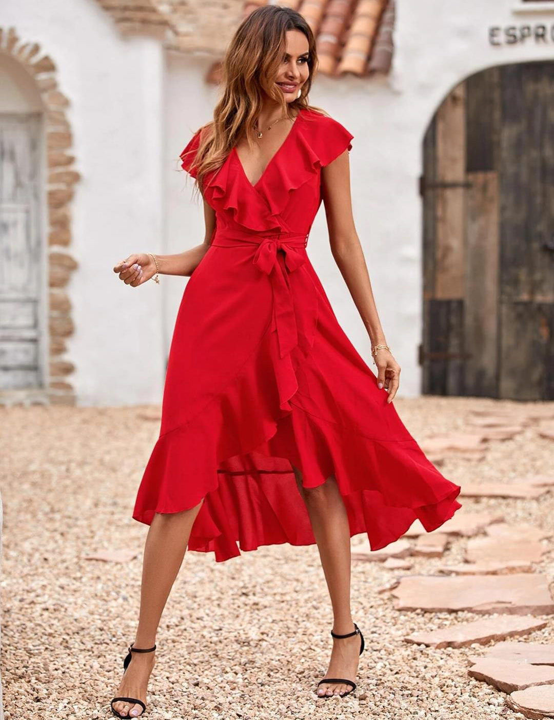 Kotty Red Ruffled Wrap Midi Dress
