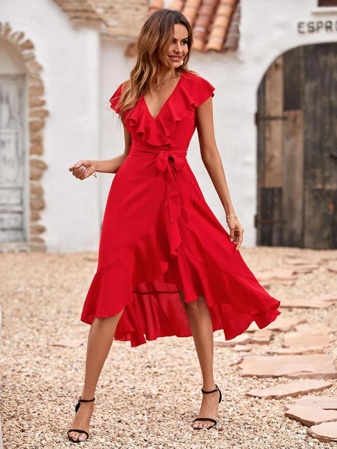 Kotty Red Ruffled Wrap Midi Dress