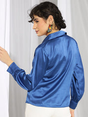 Kotty Blue Cuffed Sleeves Satin Shirt Style Top