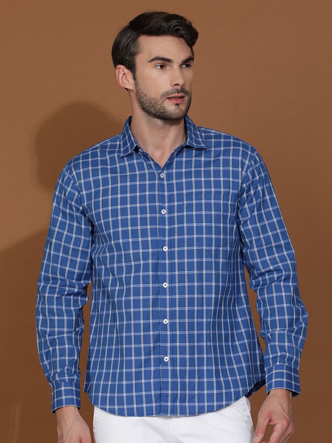 Kotty New Grid Tattersall Checks Spread Collar Casual Shirt