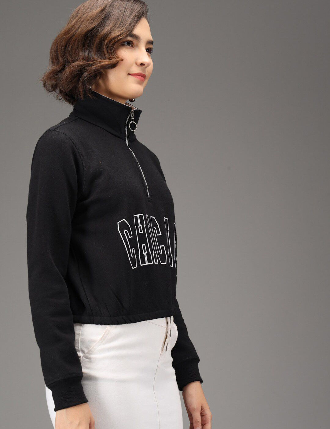 Kotty Women Black Fleece Crop Sweatshirt