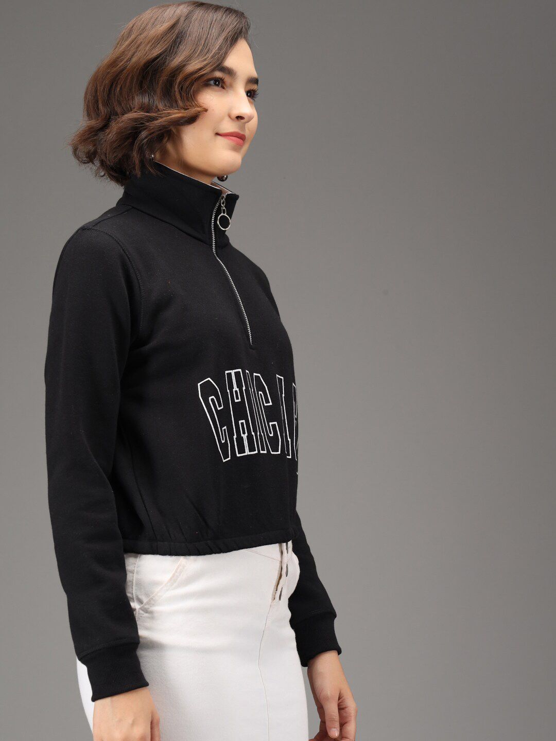 Kotty Women Black Fleece Crop Sweatshirt