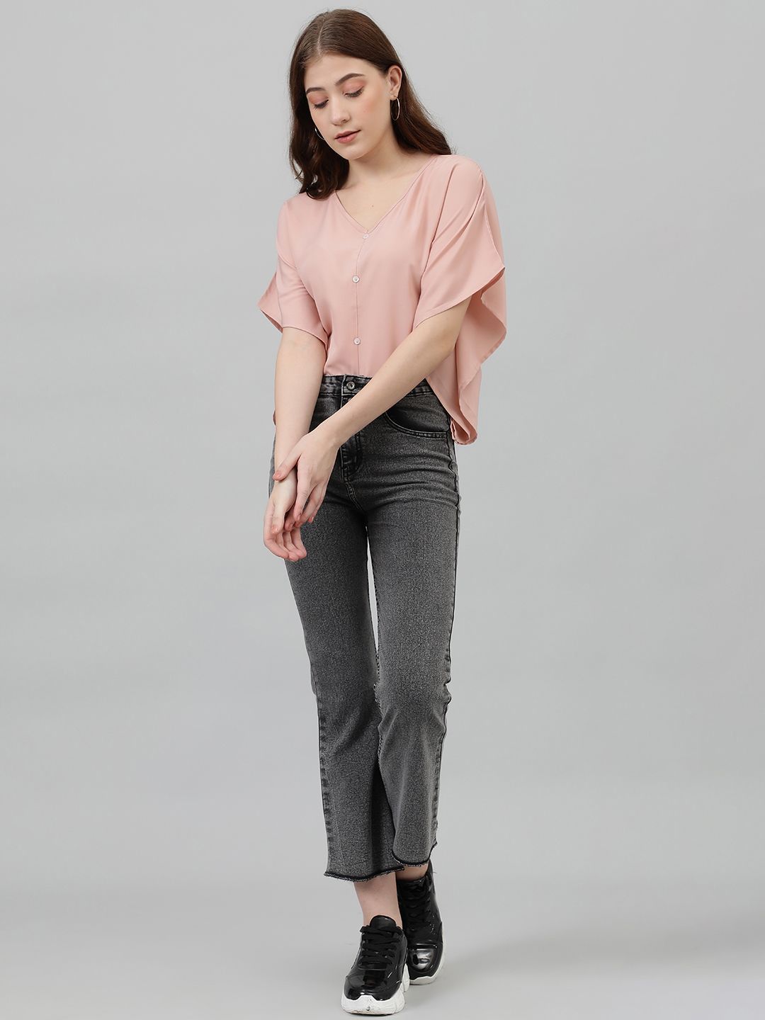 Kotty V-Neck Batwing Sleeves Solid Top