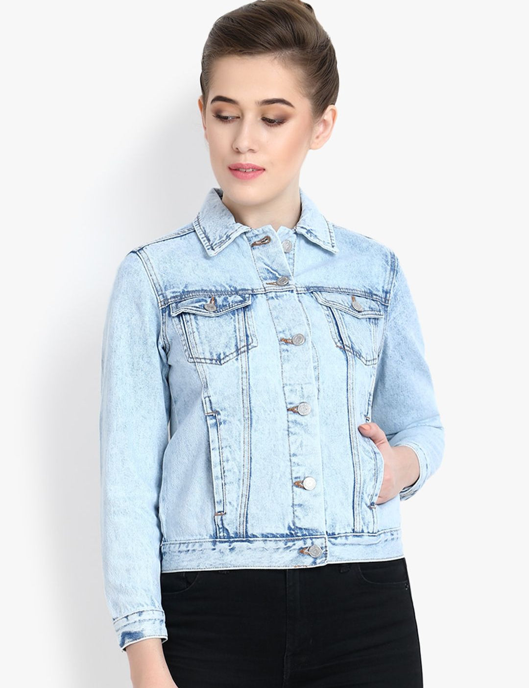 Kotty Women Blue Solid Denim Jacket