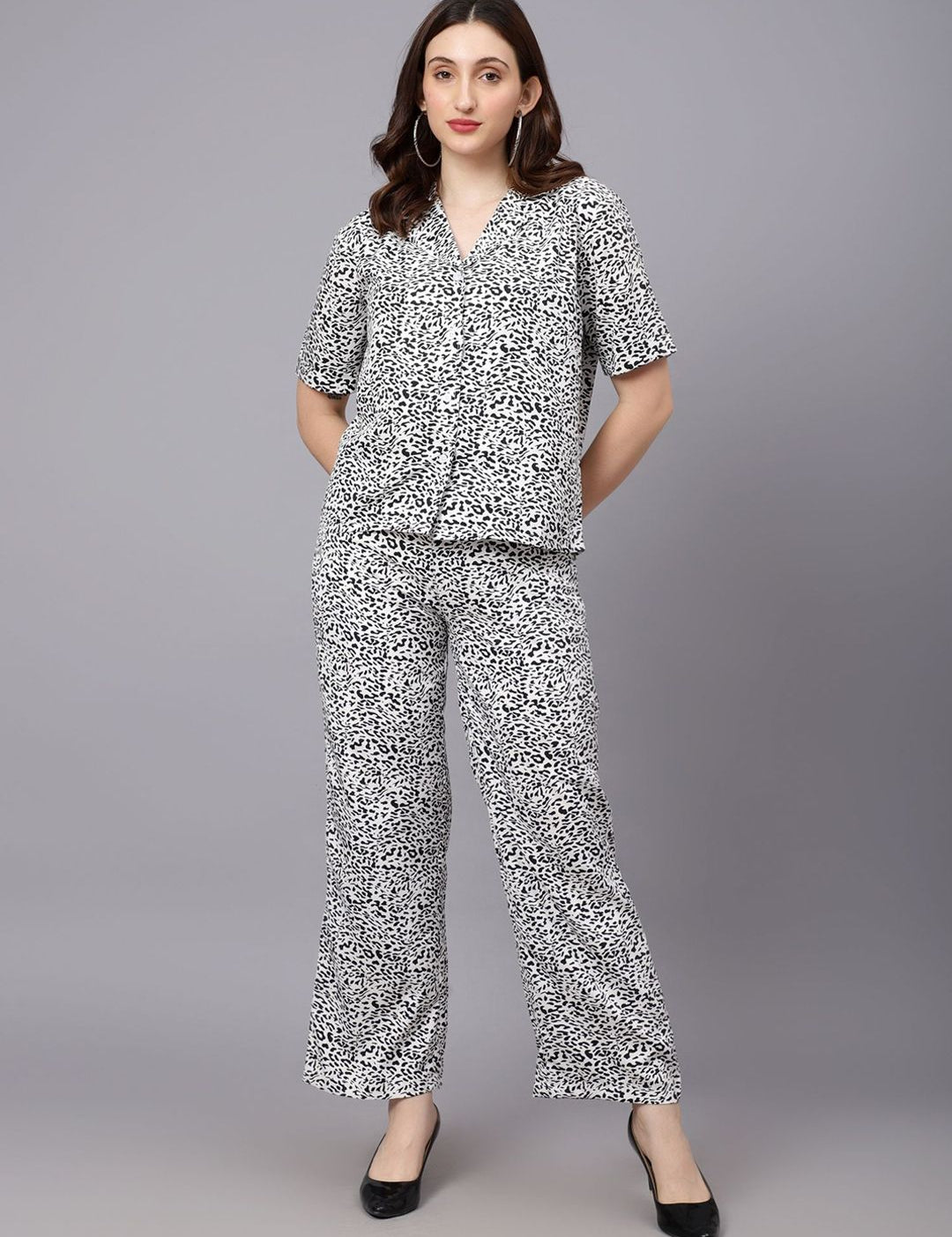 Kotty White & Black Animal Printed Shirt With Trouser