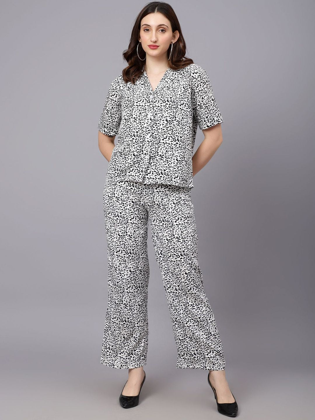 Kotty White & Black Animal Printed Shirt With Trouser