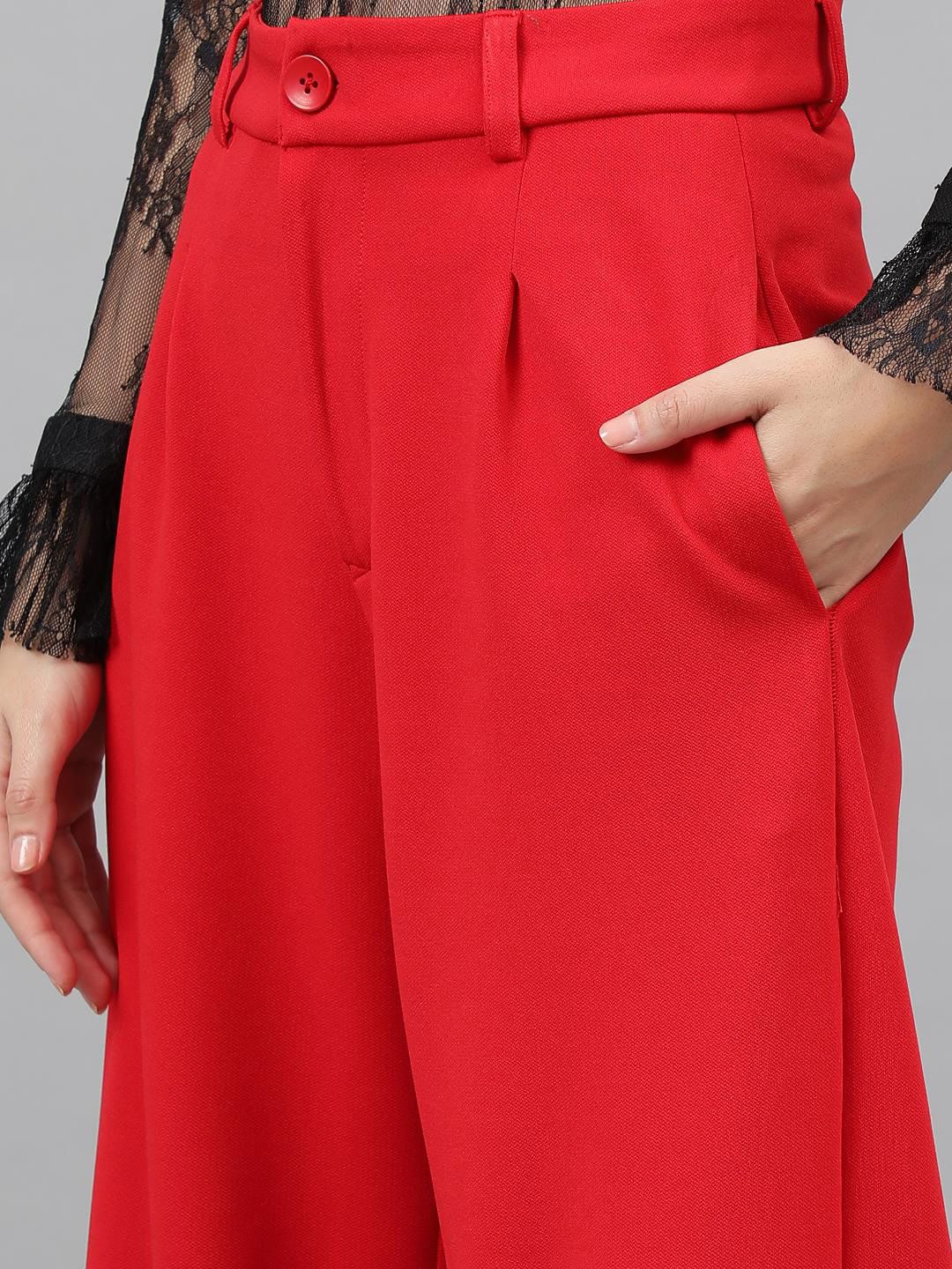 Kotty Women Red Relaxed Straight Leg Straight Fit High-Rise Easy Wash Trousers