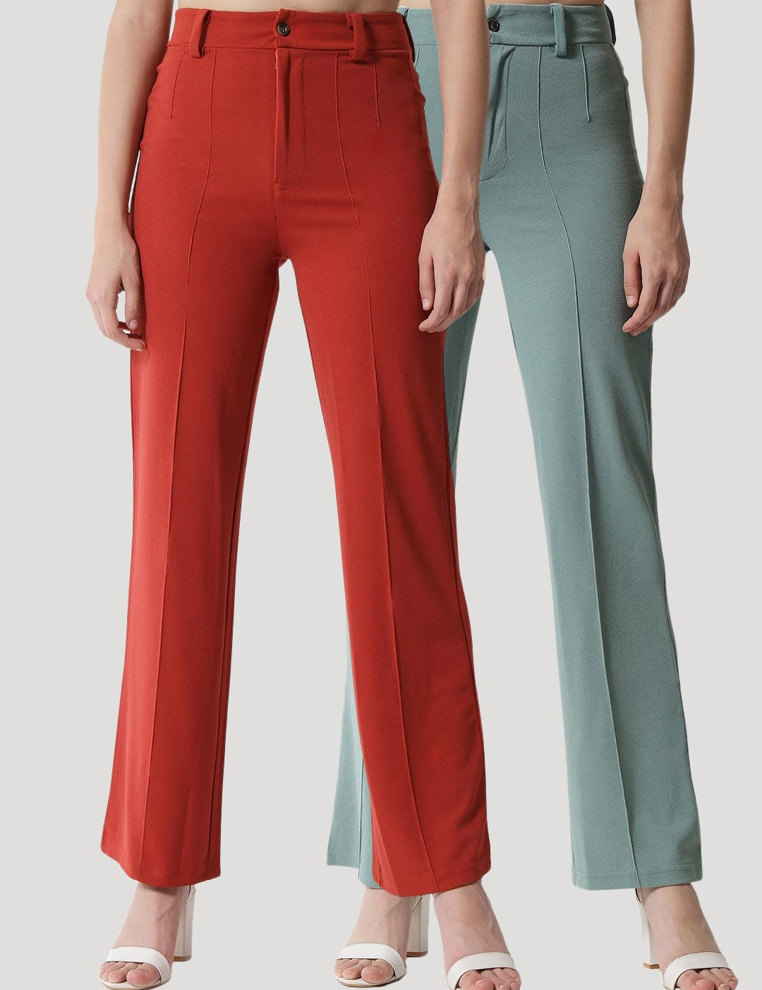 Kotty Women Pack Of 2 Relaxed Straight Leg High-Rise Easy Wash Parallel Trousers