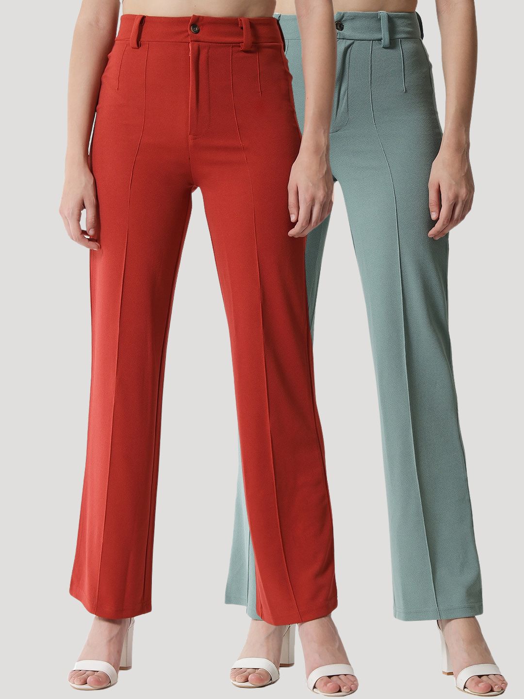 Kotty Women Pack Of 2 Relaxed Straight Leg High-Rise Easy Wash Parallel Trousers