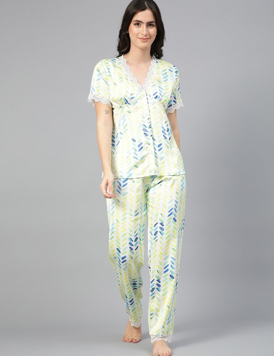 Kotty Blue & White Abstract Printed Satin Night Suit