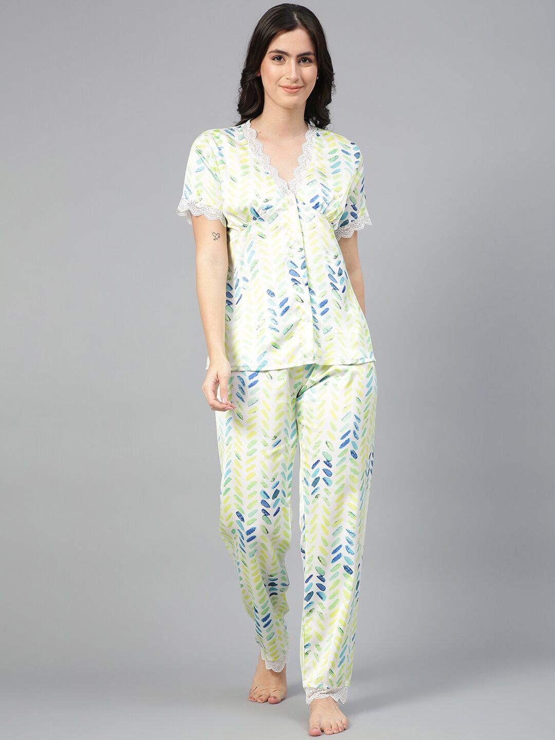 Kotty Blue & White Abstract Printed Satin Night Suit