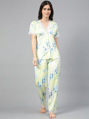 Kotty Blue & White Abstract Printed Satin Night Suit