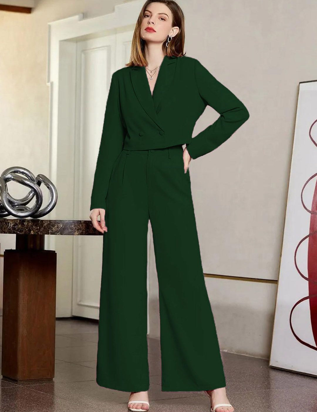 KOTTY BIZwear Green Notched Lapel Collar Top With Trousers