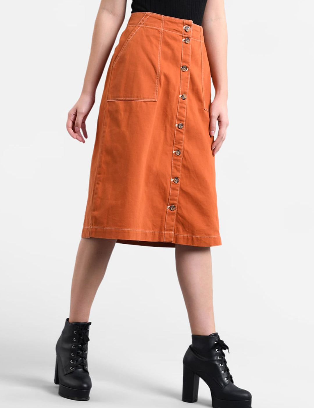 Kotty Women Orange Solid A-Line Denim Skirt
