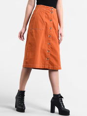 Kotty Women Orange Solid A-Line Denim Skirt