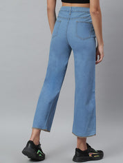 Kotty Women Blue Solid Cotton High Rise Crop Flared Jeans
