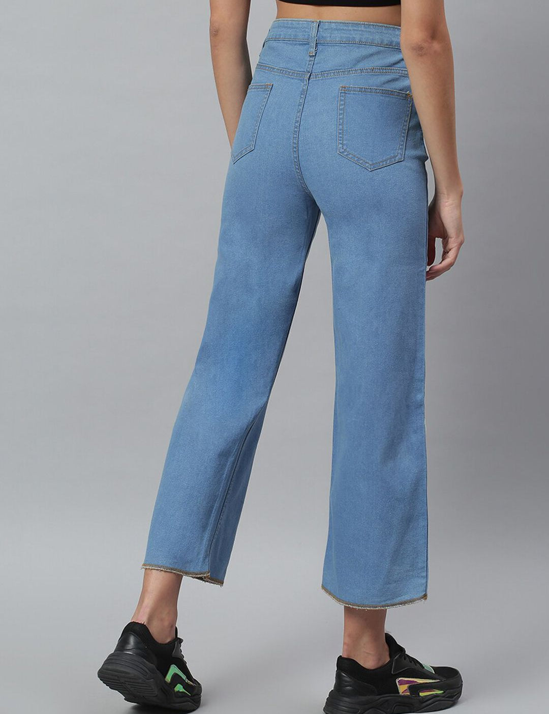 Kotty Women Blue Solid Cotton High Rise Crop Flared Jeans