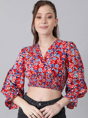 Kotty Red Floral Print Puff Sleeve Smocked Crepe Wrap Crop Top