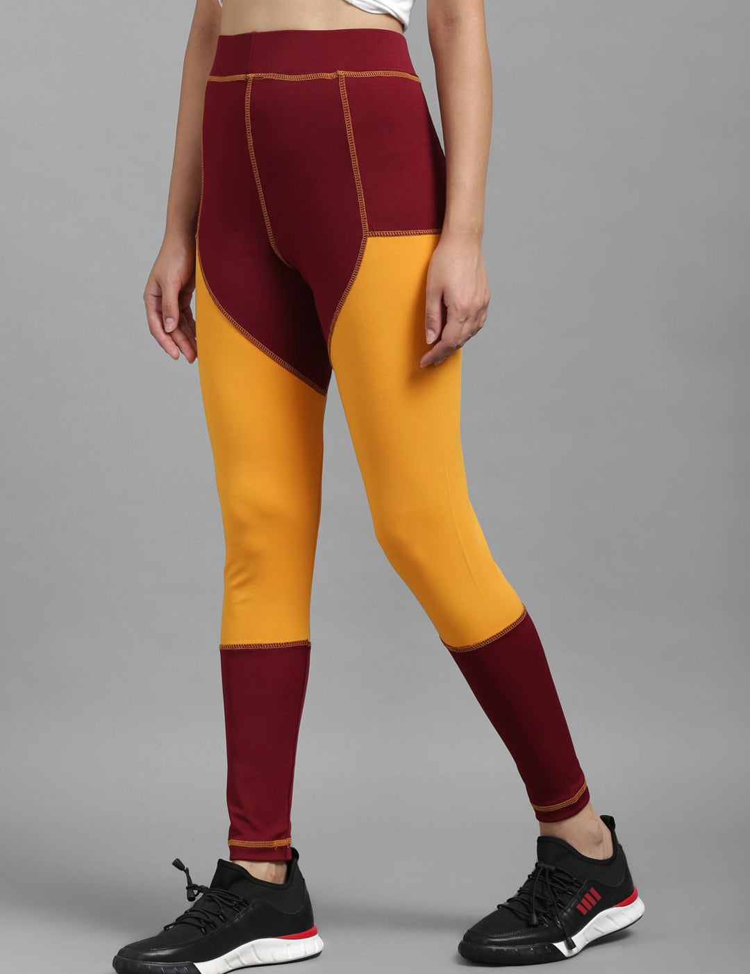 Kotty Women Yellow & Maroon Colourblocked Tights