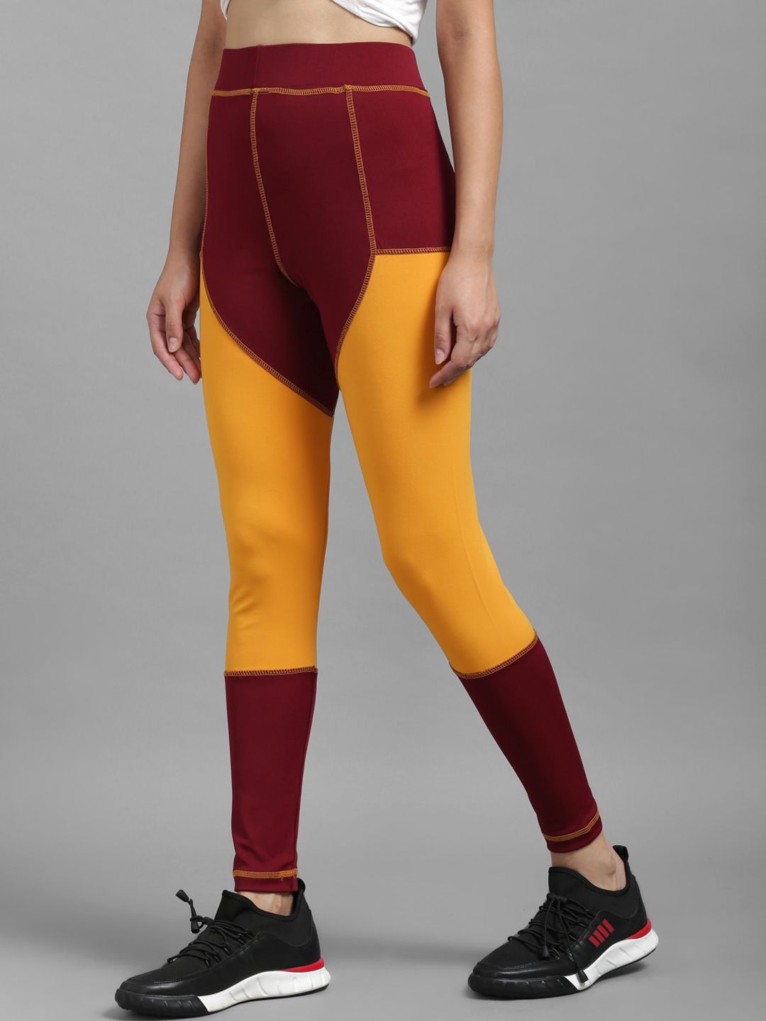 Kotty Women Yellow & Maroon Colourblocked Tights