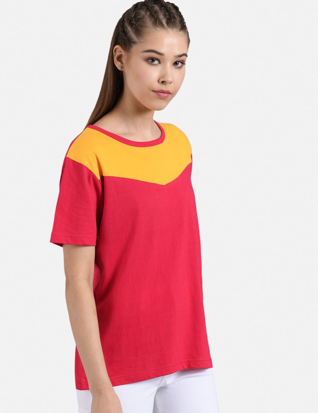 Kotty Women Pink & Mustard Yellow Colourblocked Boat Neck T-shirt