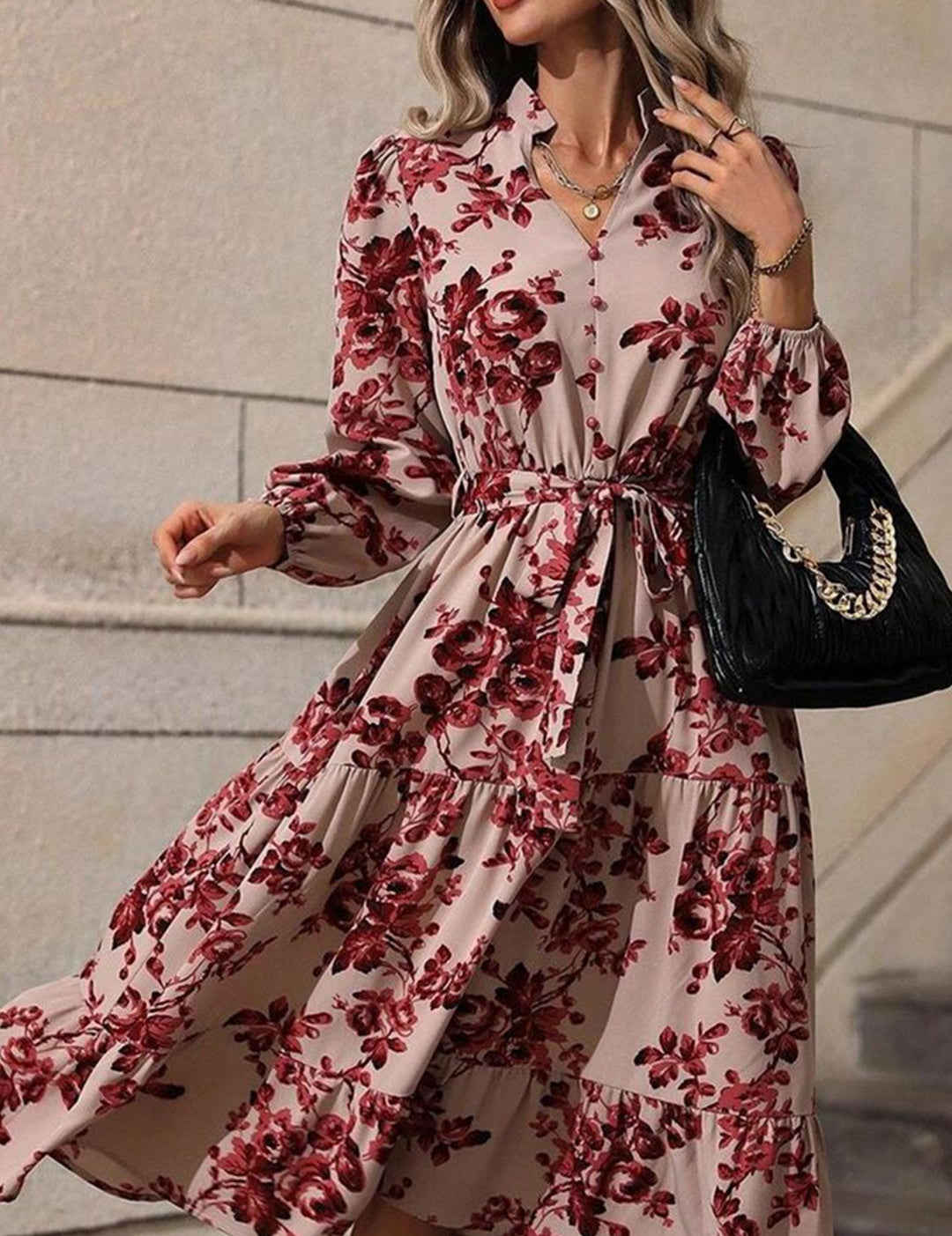 Kotty Beige & Maroon Printed Band Collar Puff Sleeves Crepe Tiered Fit & Flare Midi Dress
