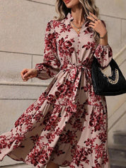 Kotty Beige & Maroon Printed Band Collar Puff Sleeves Crepe Tiered Fit & Flare Midi Dress