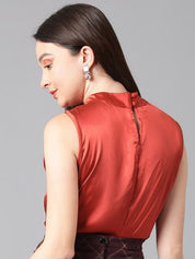Kotty Rust High Neck Pleated Satin Regular Top