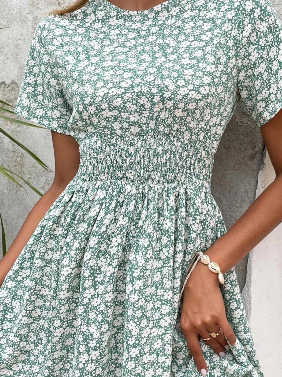 Kotty Blue Floral Printed Smocked Fit & Flare Dress