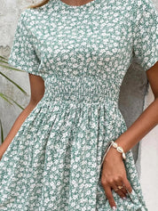 Kotty Blue Floral Printed Smocked Fit & Flare Dress