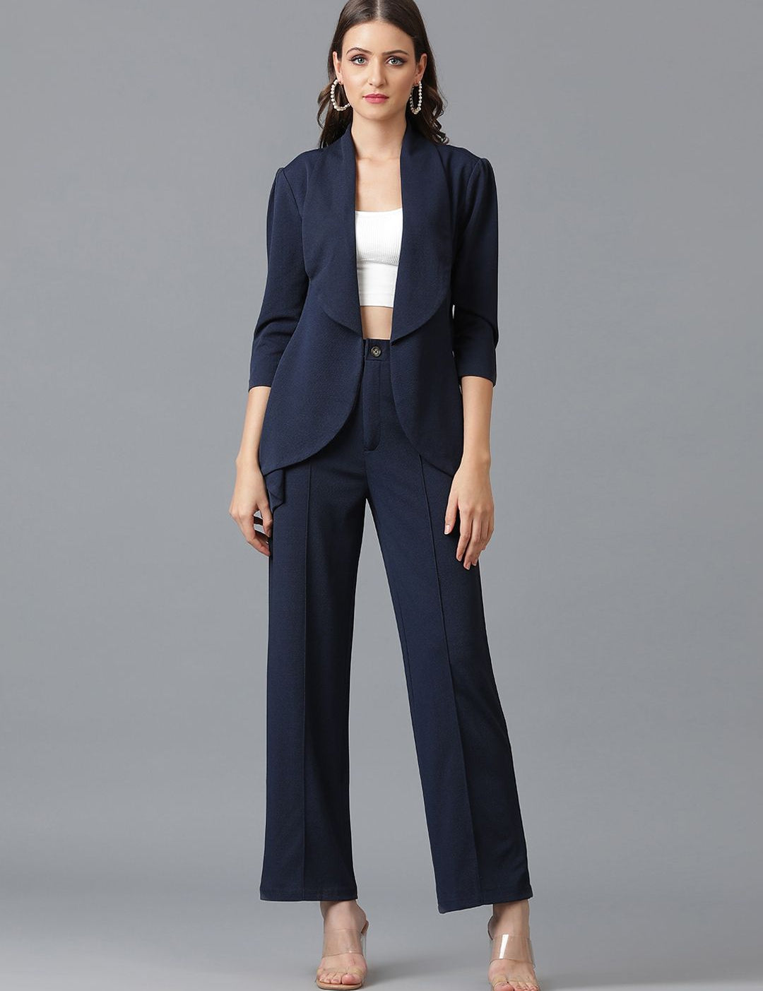 KOTTY BIZwear Navy Blue Shawl Neck Coat With Trousers