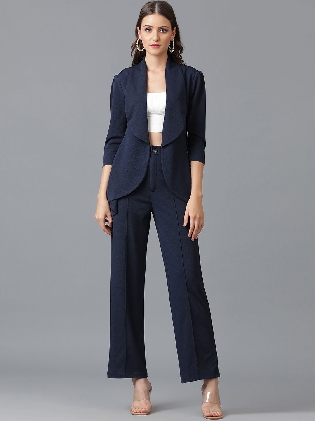 KOTTY BIZwear Navy Blue Shawl Neck Coat With Trousers