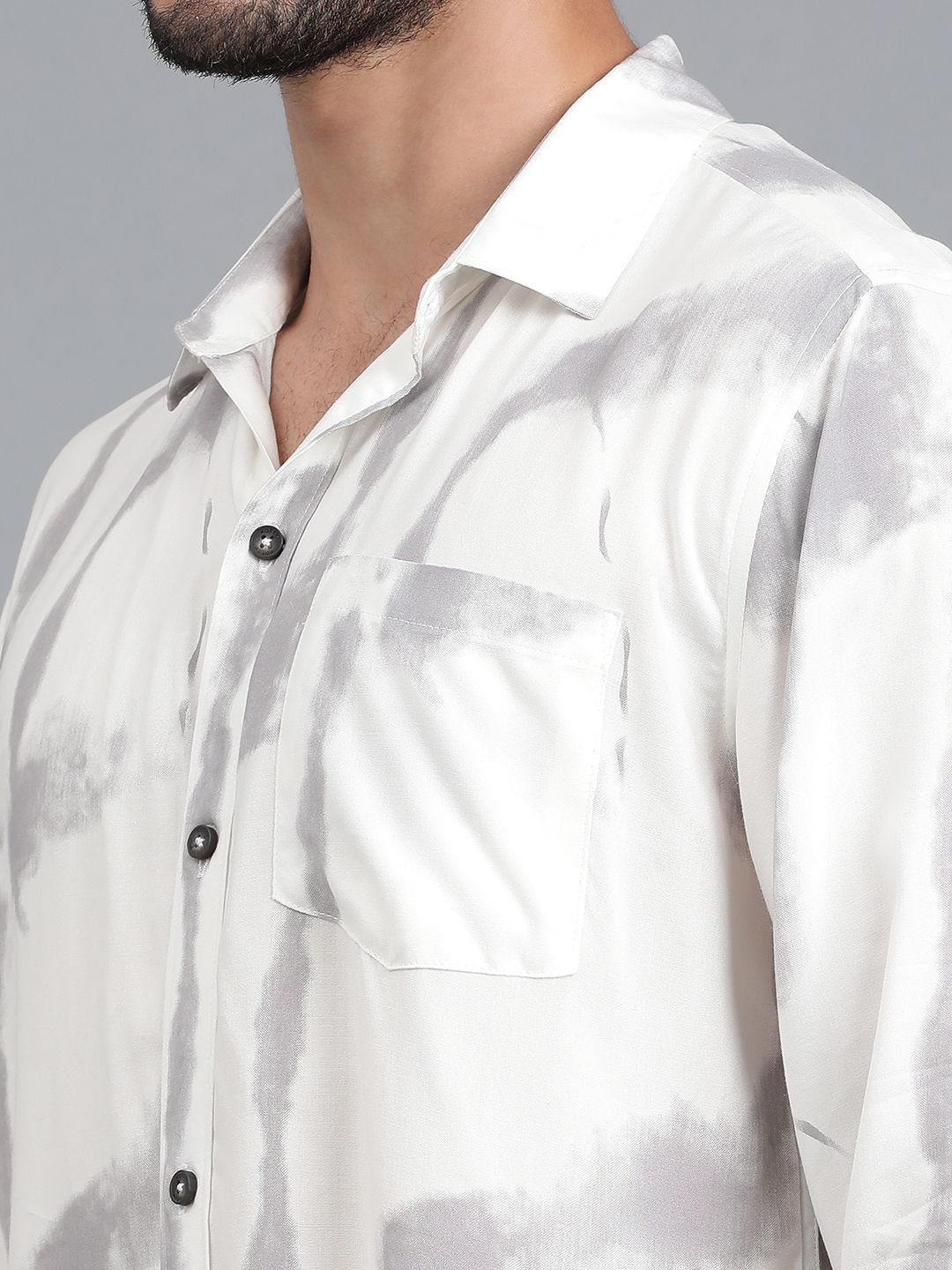 Kotty White & Grey Tie and Dye Spread Collar Relaxed Fit Casual Shirt