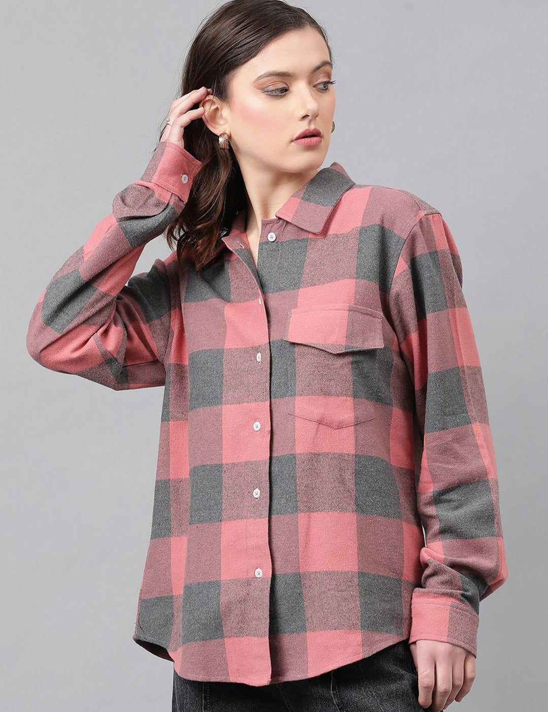 Kotty Buffalo Checks Spread Collar Longline Casual Shirt