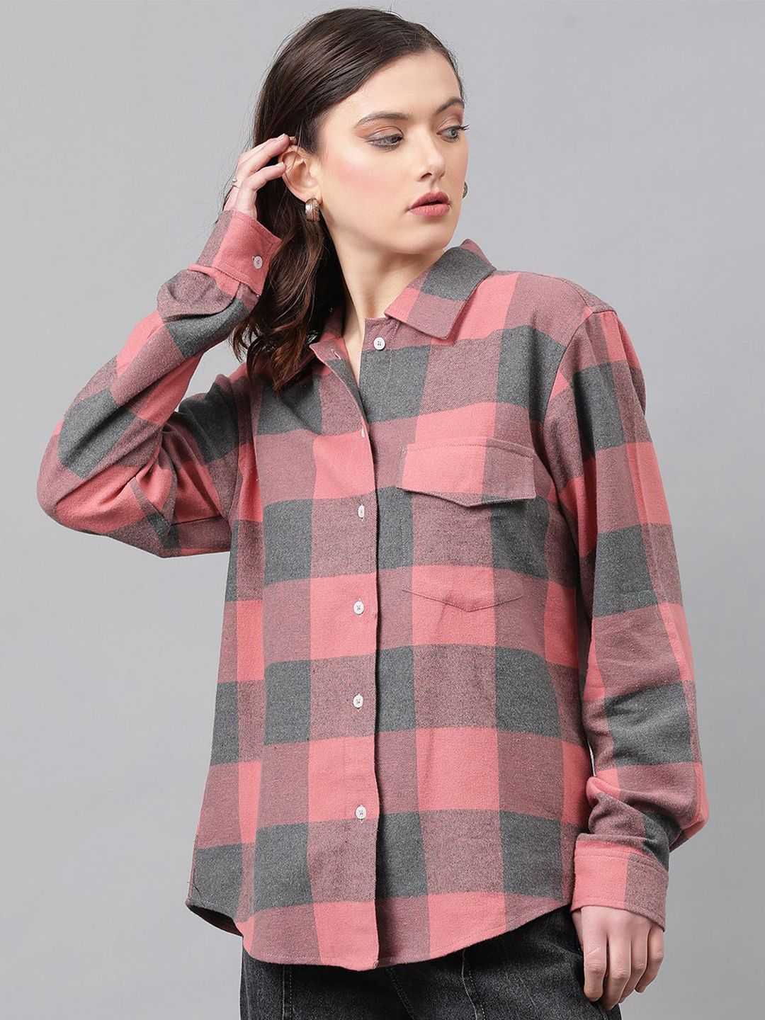 Kotty Buffalo Checks Spread Collar Longline Casual Shirt