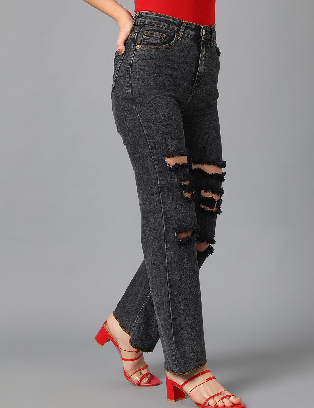 Kotty Black Women Jean Straight Fit High-Rise Mildly Distressed Stretchable Jeans