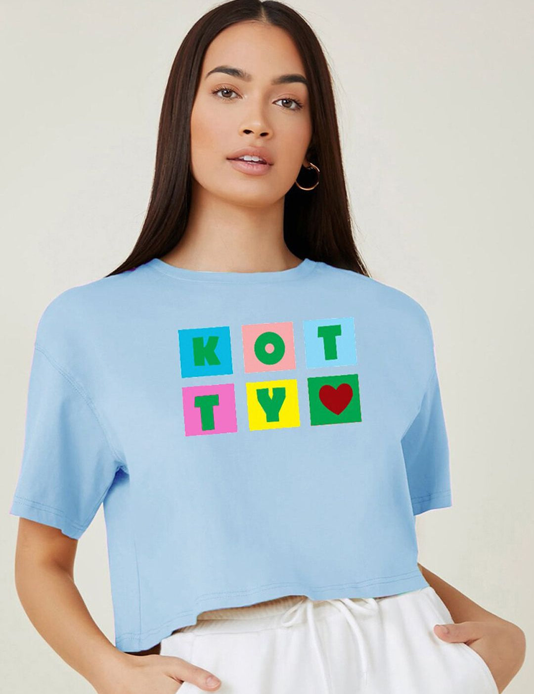 Kotty Blue Typography Printed Drop-Shoulder Sleeves Cotton Oversized Crop T-shirt