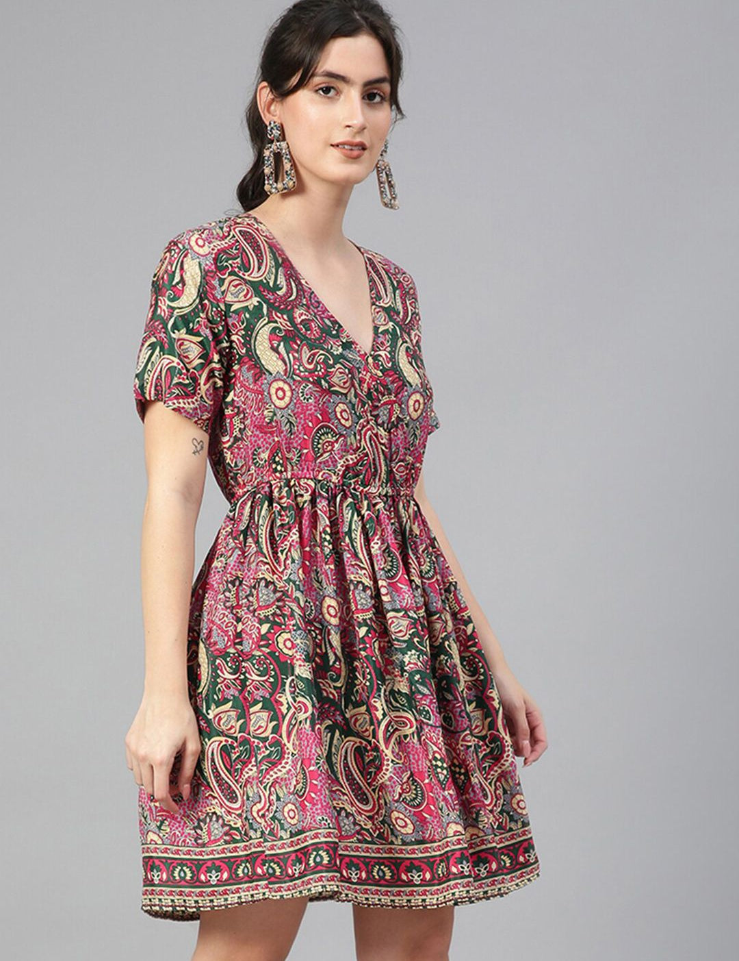 Kotty Green & Pink Ethnic Motifs Printed V-Neck Crepe Fit & Flare Dress